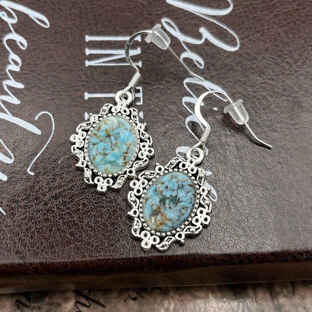 Vintage Carved Spotted Turquoise Resin Oval Cabochons Steel Dangle Earrings - Picture 2 of 7
